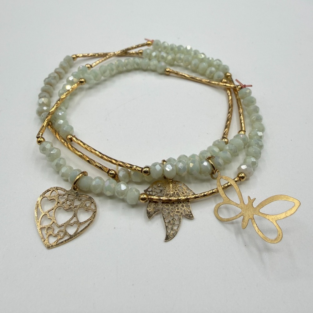 3 Pcs Boho Beaded Charm Wrap Bracelet Gold Tone Heart Butterfly Leaf Layering